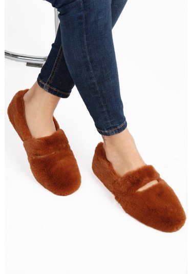 Kahve Ultra Yumuşak Peluş Kadın Ev Babeti Hafif Taban Panduf Kahverengi