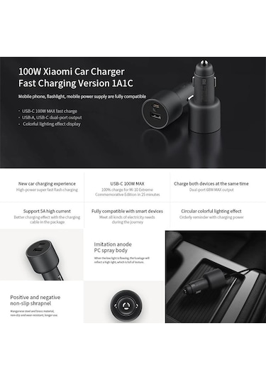 Xiaomi Mi CC07ZM 100W Hızlı Çift Bağlantı Noktalı Usb-A Usb-C Araç Şarj Cihazı