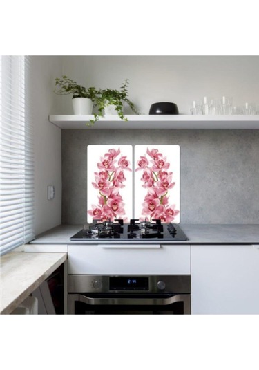 Dekoratif Cam Ocak Koruyucu ve Kesim Tahtası Pembe Orkide 60Cm X