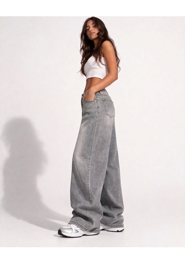 St.poll Gri Yıkamalı Unisex Baggy Jeans Pantolon Açık Gri