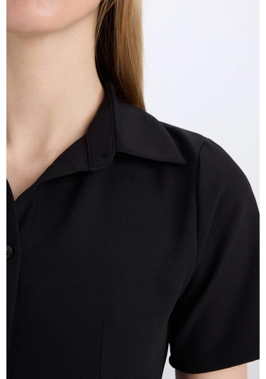 DeFacto Polo Yaka Basic Düz Kısa Kollu Pileli Mini Elbise D4203AX24AUBK27