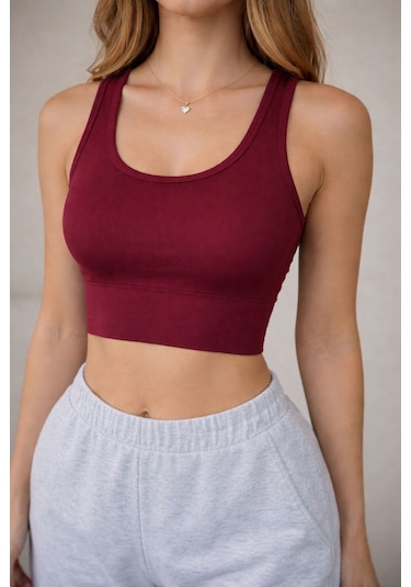 Enva Store Kadın Ribana Askılı Fitilli Crop Bordo