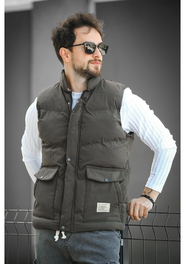 Octave Suya Dayanıklı Kapaklı Cepli Etiket Detaylı Dik Yaka Erkek Şişme Yelek Haki