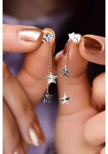 925 Ayar Gümüş Rose-rodyum Kaplama Kalemli Çift Zincir Yıldız Küpe