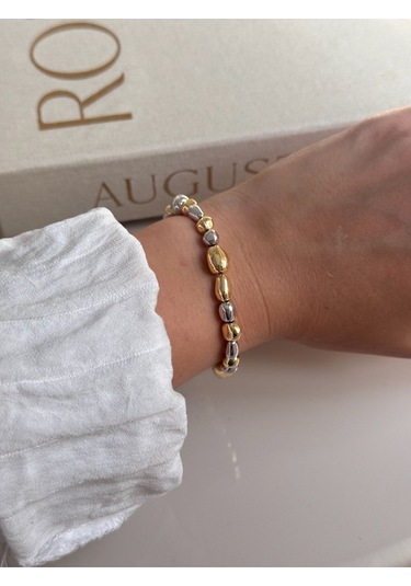 Çift Renk Taş Formlu Kadın Çelik Bileklik Altın & Gümüş Detaylı Altın