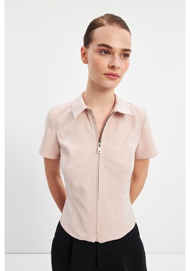 Stella Pulvis Pudra Fermuarlı Slim Fit Kuplu Bluz Pudra