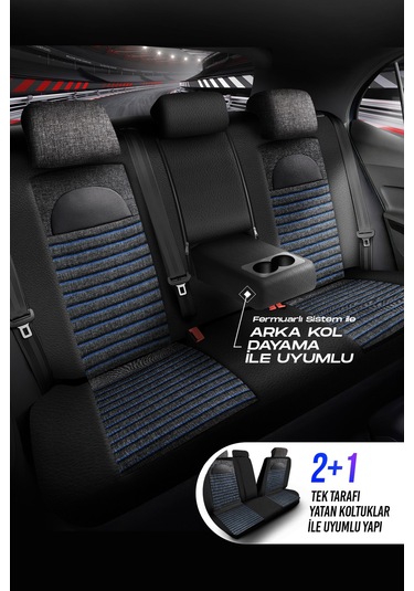 Füme - Mavi Panda Enzo Serisi Keten Kumaş Oto Koltuk Kılıfı - Tam Set