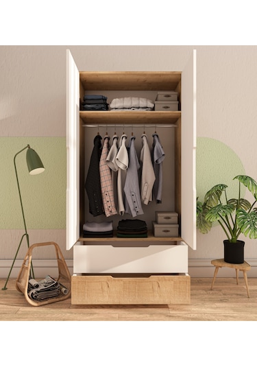 Flora 2 Kapaklı 2 Çekmeceli Gardırop Safir Meşe - Beyaz Elbise Do