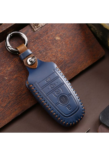 Maiyame Ford Fusion, Explorer, F-150 Raptor Ve Diğer Modeller İçin 5 Tuşlu Akıllı Anahtar Koruması - Crazy Horse Deri, 360 Tam Kaplama, Mavi