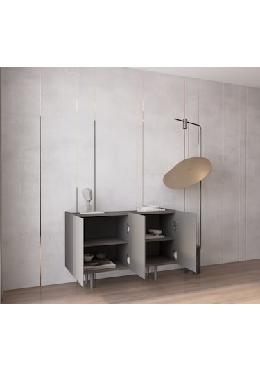 Enwood Capella Gri Mdf 3 Kapaklı Raflı 120 Lık Konsol