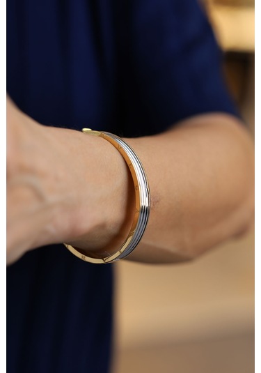 Yenigün Kuyumculuk 14 Ayar Altın Beyaz Altın Şeritli Kelepçe Klp23973 Sarı Altın