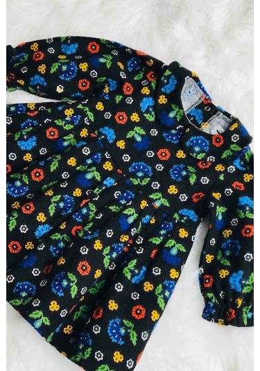 Çiçekli Siyah Kız Çocuk Bebek Pazen Kışlık Elbise 001