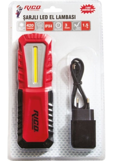 Rico Şarjlı Mıknatıslı Led El Feneri 420 Lümen Kırmızı - Siyah