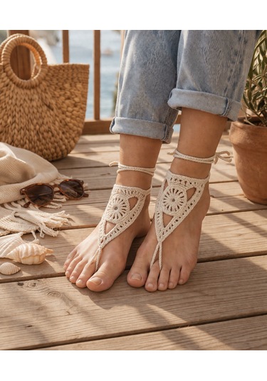 Boho Stil Barefoot Sandal El Yapımı Ekru Ayak Aksesuarı Çift