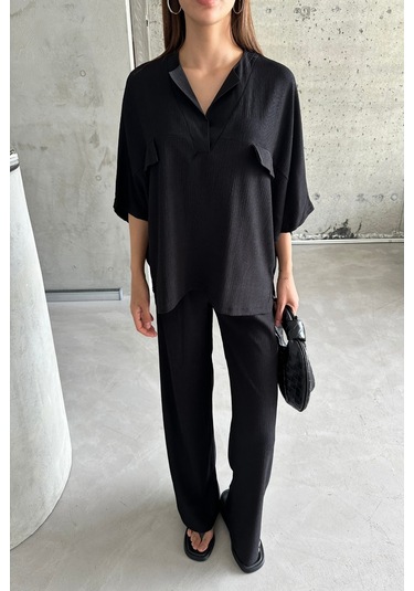 Kadın Siyah Yarasa Kol Sahte Cep Bürümcük Alt Üst Palazzo Takım Siyah