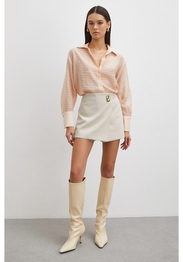 Kabartma Çizgili Gömlek Pudra Pudra