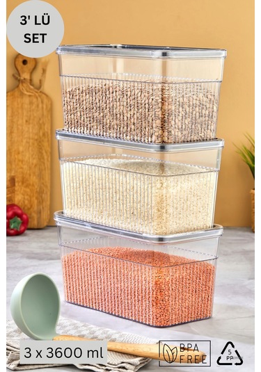 3 Parça Contalı Ve Sızdırmaz Kapaklı Saklama Kabı Seti Buzdolabı Ve Kuru Gıda Uyumlu 3x3600 Ml Şeffaf