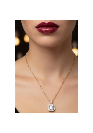 Altın Renk Kare Beyaz Taş Sf Zincir Çelik Kolye Altın