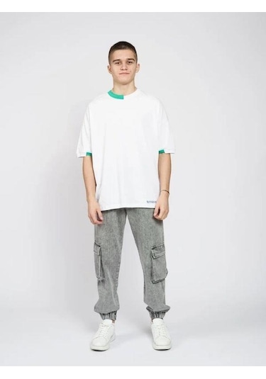 Marions Çocuk Basic Yaka Detaylı Oversize T-shirt-15955 Beyaz