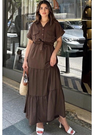 Kahve Kısa Kol, Airobin Kumaş, Yarım Patlı, Kemerli/kuşaklı, Eteği Pliseli, Cepli Maxi Uzun Elbise Kahve