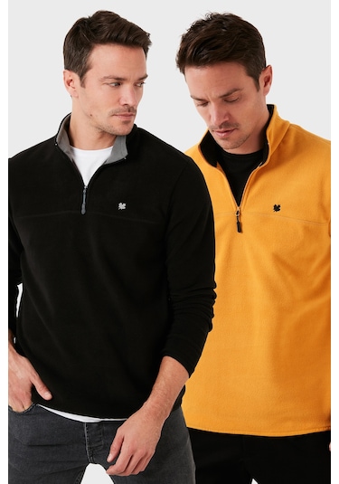 Buratti Slim Fit Anti-Pilling Tüylenme Yapmayan Bato Yaka Şardonlu 2'Li Paket Erkek Polar 5906001S2 Hardal-Siyah