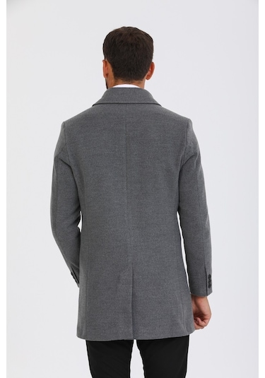 Erkek Gri Dar Kesim Yün Karışımlı Kaşe Gömlek Yaka Palto-Gri
