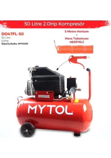 Mytol DO47FL-50 Hava Kompresörü 50 L + 5 M Hortum + Hava Tabancası Set