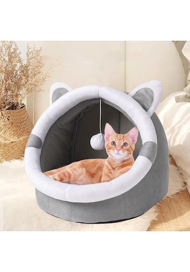Mufunye Kapalı Kedi Yatakları Kedi Evi Kapşonlu Mağara Tasarımı Peluş Yastıklı Dört Mevsim Evrensel