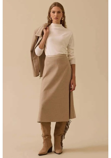 Kadın Suni Deri Biyeli Midi Etek - Bej Vizon