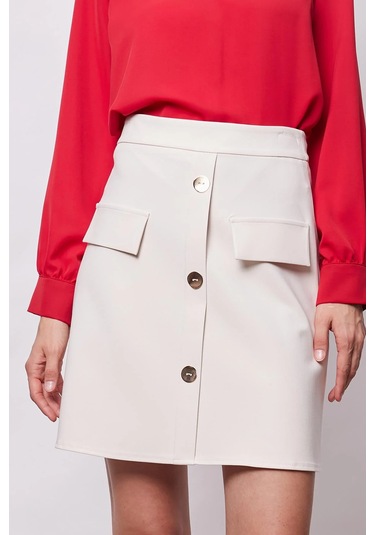 Kadın Diz Üstü Yüksek Bel Önü Düğmeli Cep Kapaklı Hafif Likralı Kumaş Çan Etek-şampanya Şampanya