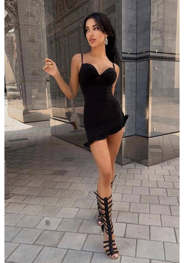 Askılı Mini Elbise-Siyah