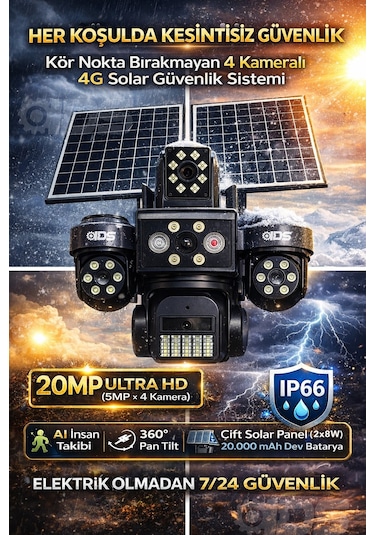 20mp Ultra Hd 4 Lens Tam Kontrol Güneş Enerjili Kamera Sim Kartlı Dual Led 12xzoom Çakar Led Siren
