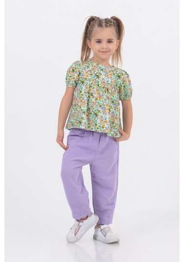 Kız Çocuk Dokuma Üst Keten Pantalon Model Alt-üst Takım Lila