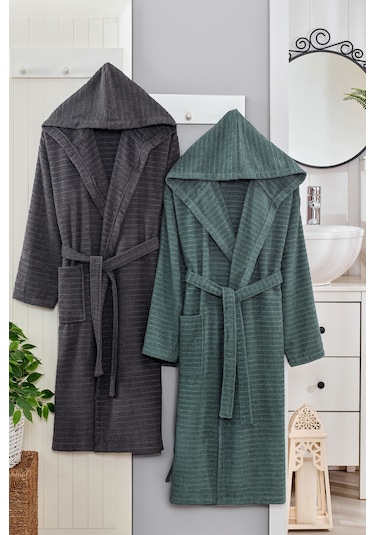 2 Li Kapşonlu Unisex Banyo Bornozu Seti %100 Soft Pamuklu Antasit-yeşil