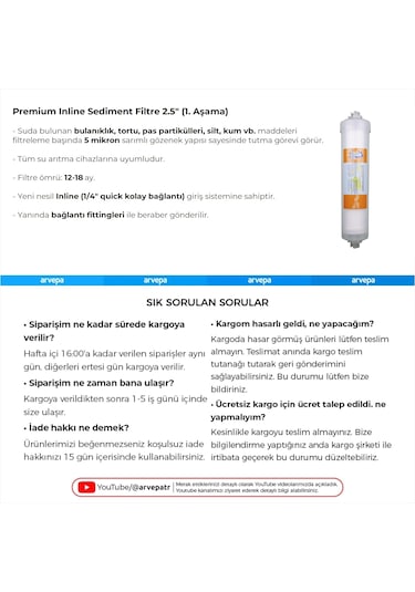 Su Arıtma Cihazı Premium Inline Aşama 1 Sediment Filtre 10 Adet