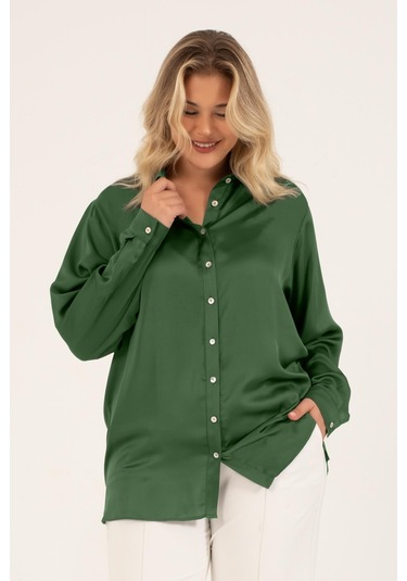 Saten Uzun Kollu Gömlek-1732 Yeşil