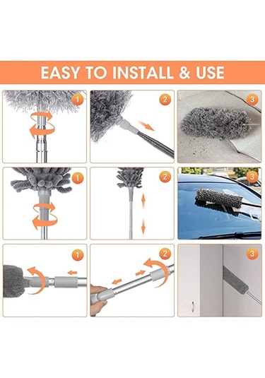 Kosona 2.5m Uzayabilir Çelik Çubuklu Temizlik Seti: Mikrofiber + Şenil + Yatak Fırçası, Tavan Fanları, Araçlar Ve Boşluklar İçin Yıkabilir Uçlar