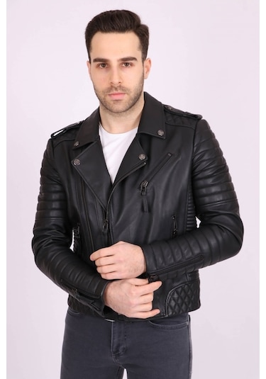 Erkek Siyah Hakiki Deri Yakalı Baklava Desenli Apoletli Spor Mont