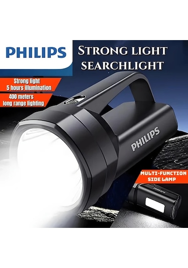 Xuweiwei Philips El Feneri Şarj Edilebilir Ultra Uzun Ömürlü Siyah Büyük Kapasiteli Taşınabilir Arama Lambası Açık Hava Acil Aydınlatma Siyah-