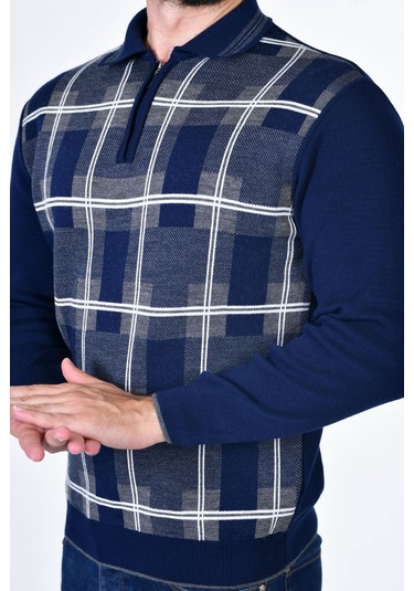 Kamalı Erkek Çelik Örgü Oduncu Desenli Gömlek Yaka Fermuarlı Polo Yakalı Tüylenmez Triko Kışlık Baba Kazak Lacivert