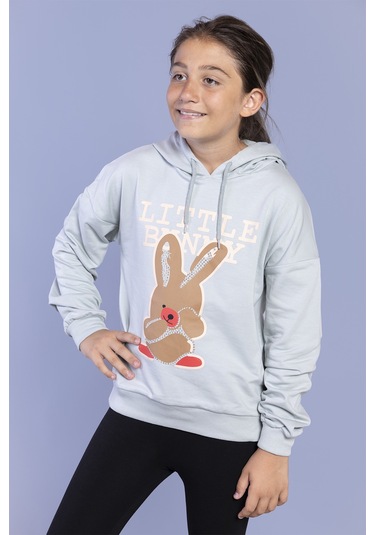 Toontoy Kız Çocuk Tavşan Baskılı Kapüşonlu Sweatshirt Yeşil