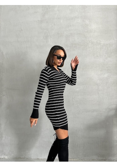 Kadın Çizgili Polo Yaka Mini Triko Elbise Siyah - Ekru