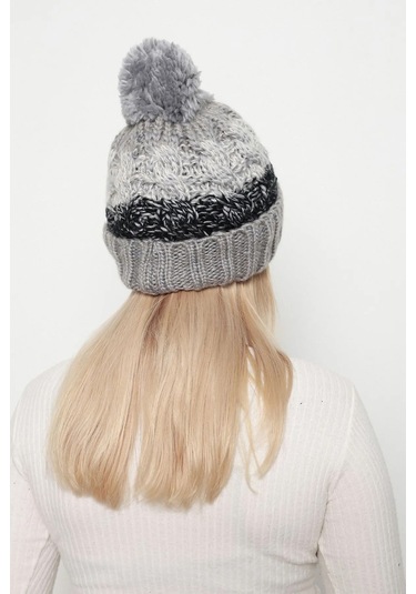 Ponpon Detay Örgü İçi Kürklü Kadın Bere Rkş-21 Gri Gri