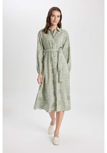 Defacto Gömlek Yaka Desenli Aerobin Uzun Kollu Kuşaklı Midi Elbise C2501AX24SMKH271