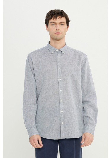 AC&Co / Altınyıldız Classics Erkek Grı Comfort Fit Rahat Kesim Düğmeli Yaka Keten Gömlek Gri