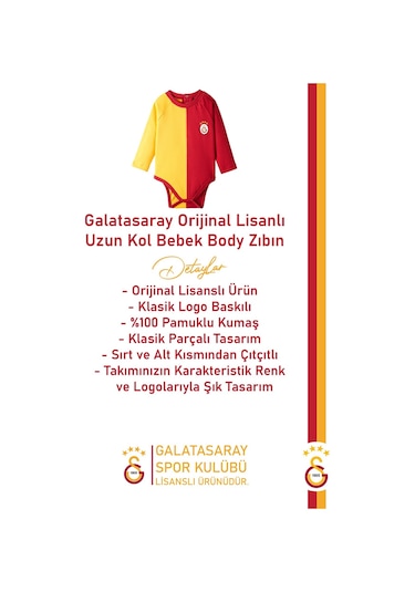 Galatasaray Orijinal Lisanslı Uzun Kol Bebek Body Zıbın Hediyelik Ahşap Kutulu Kırmızı - Sarı