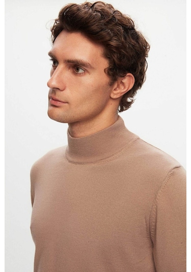 D's Damat Regular Fit Bej Pamuk Karışımlı Yarım Balıkçı Triko Kazak Bej