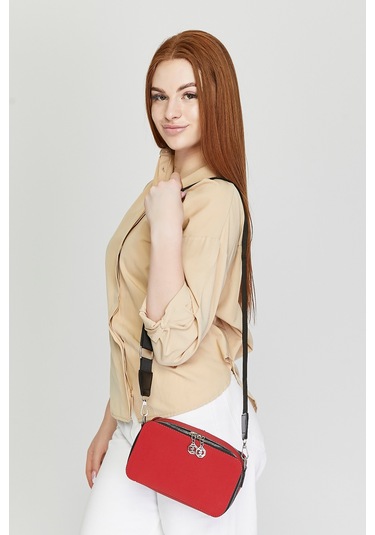 Morpelikan Kırmızı Kabartma İki Bölmeli Kadın Omuz Çantası Kırmızı