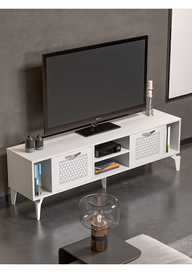 Tv Sehpası Tv Ünitesi Beyaz Gümüş 160 Cm Linya 5043 Gri