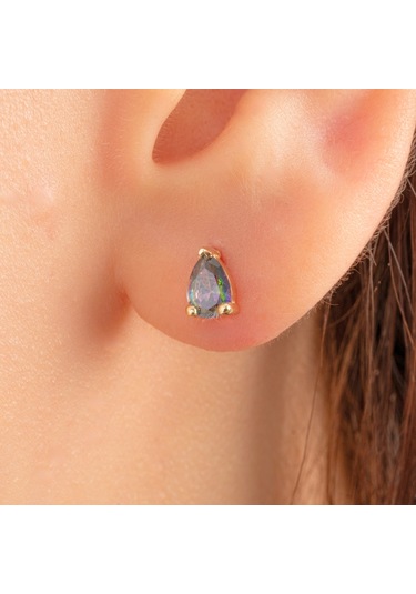 Altın Küpe - 14 Ayar Altın Damla Desenli Mistik Topaz Taşlı Küpe Sarı